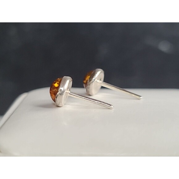 925 Sterling Silver Real Amber Circular Stud Earrings Vintage - Picture 7 of 10